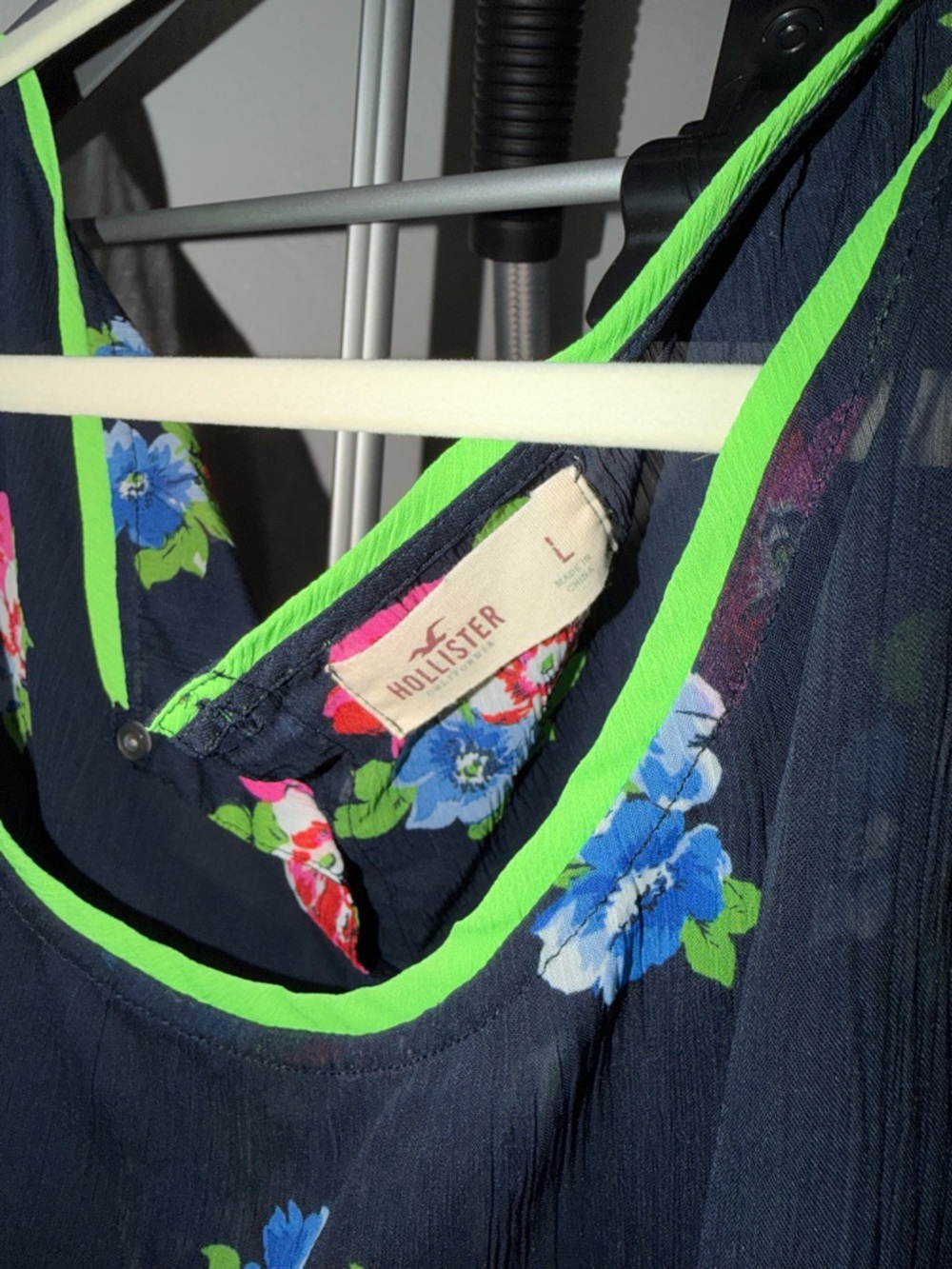 Hollister Navy Floral Camisole with Neon Green Trim